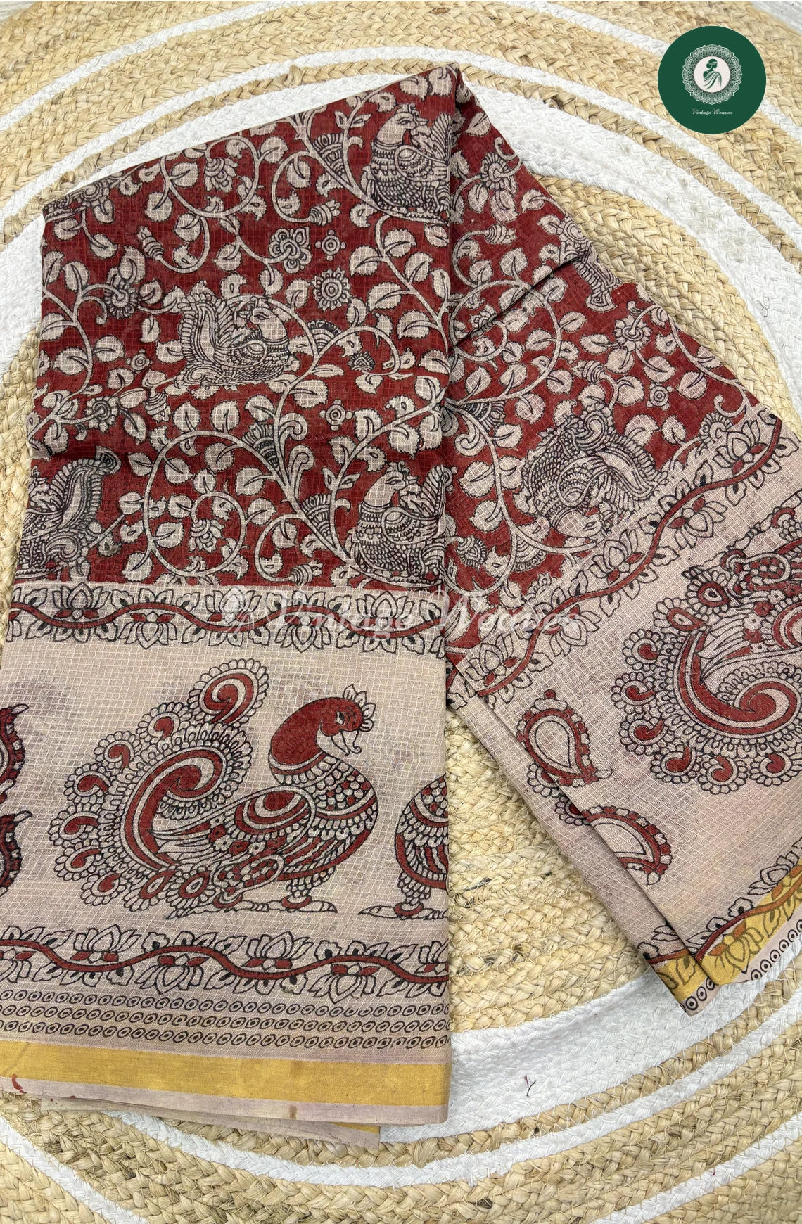 Premium Traditional Kalamkari Kota Saree Peacock -Marron