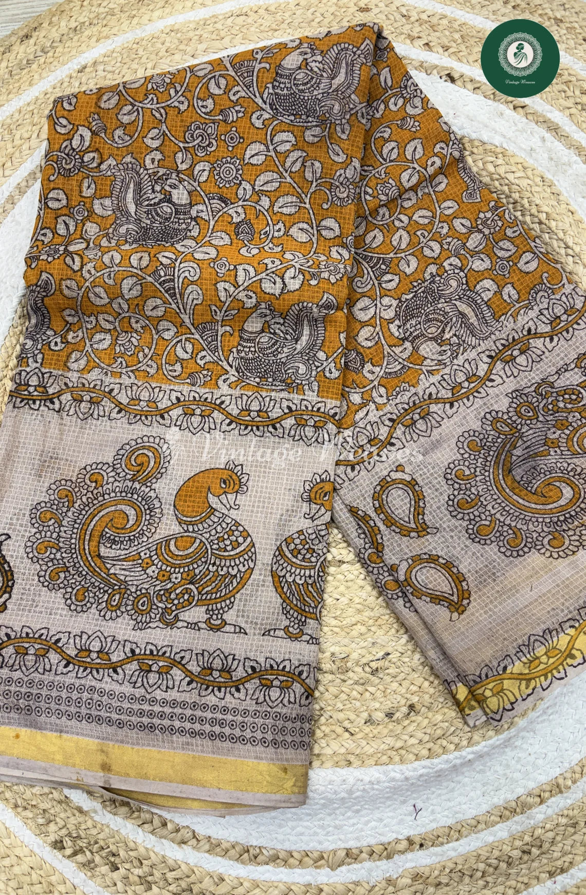 Premium Traditional Kalamkari Kota Saree Peacock-Yellow