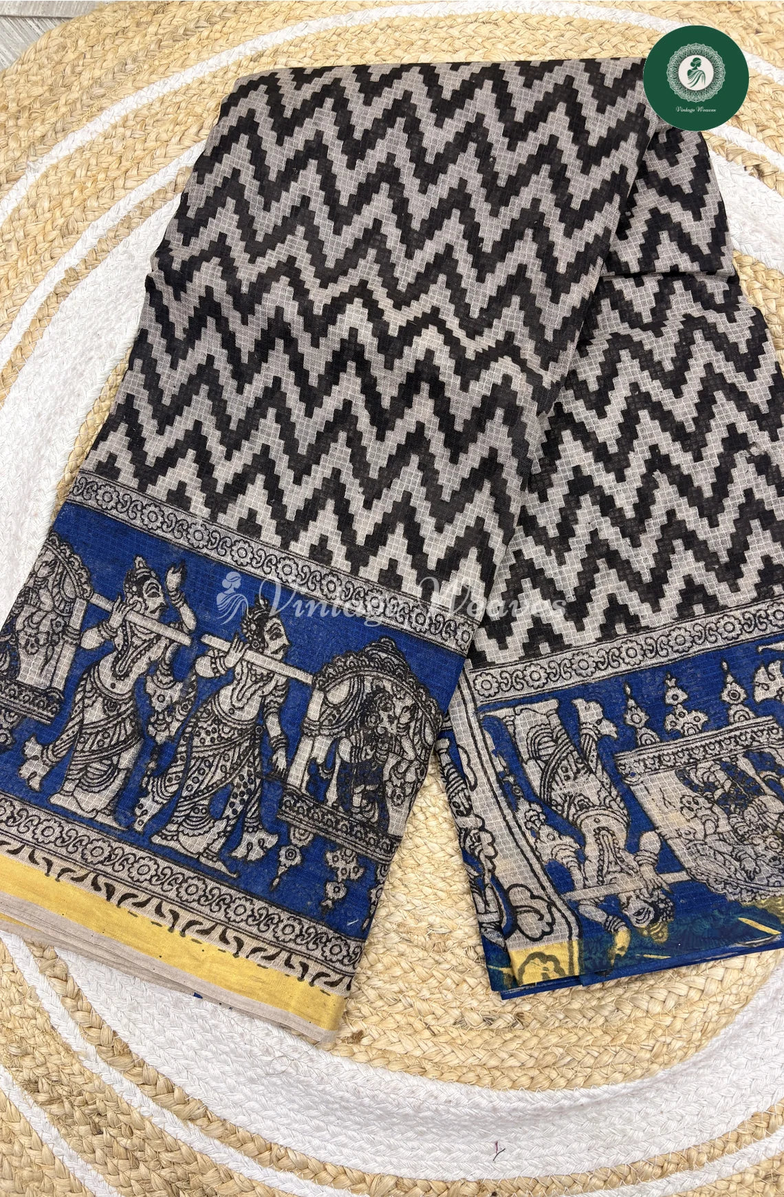 Premium Traditional Kalamkari Kota Saree zigzag-Blue