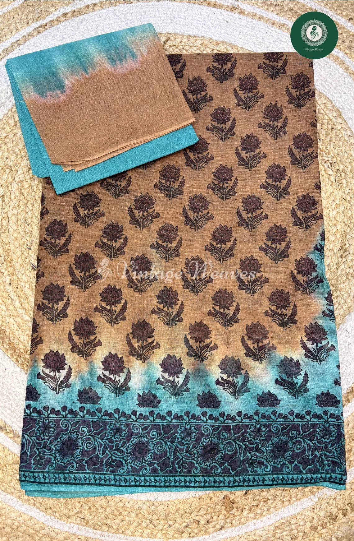 Printed Cotton Saree-Sandel With Blue