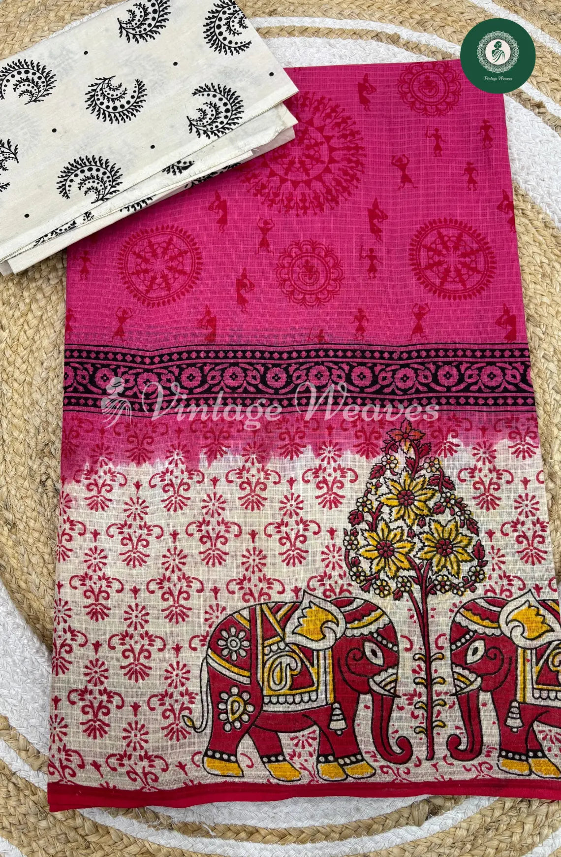 Printed Cotton Saree With Elephant Border-Pink