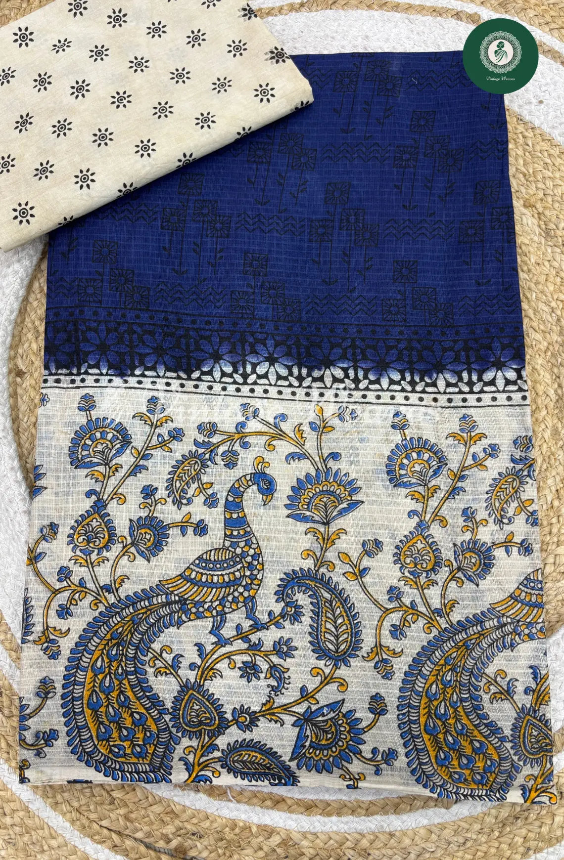 Printed Cotton Saree With Peacock Border-Blue