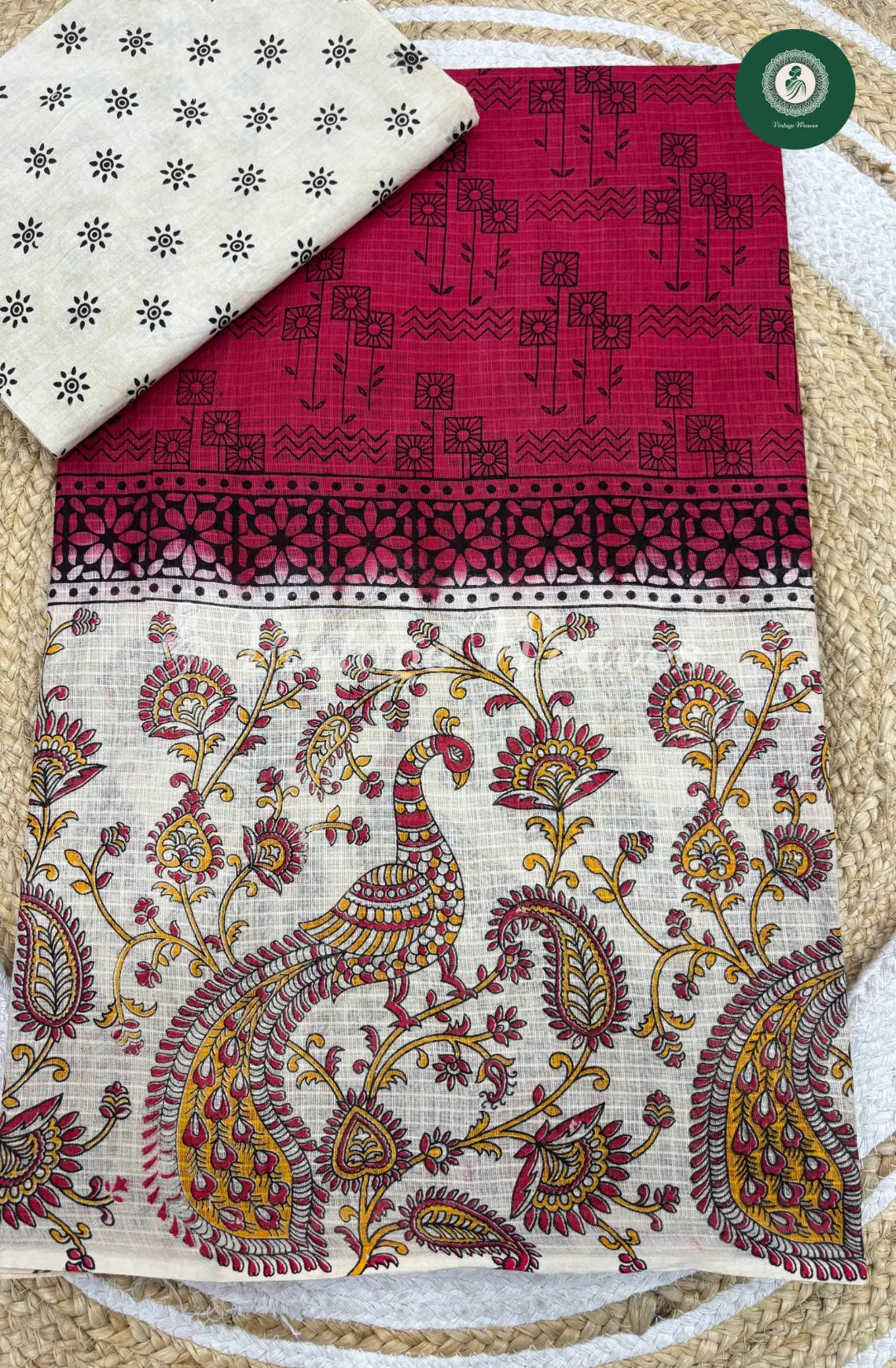 Printed Cotton Saree With Peacock Border-ReddishPink
