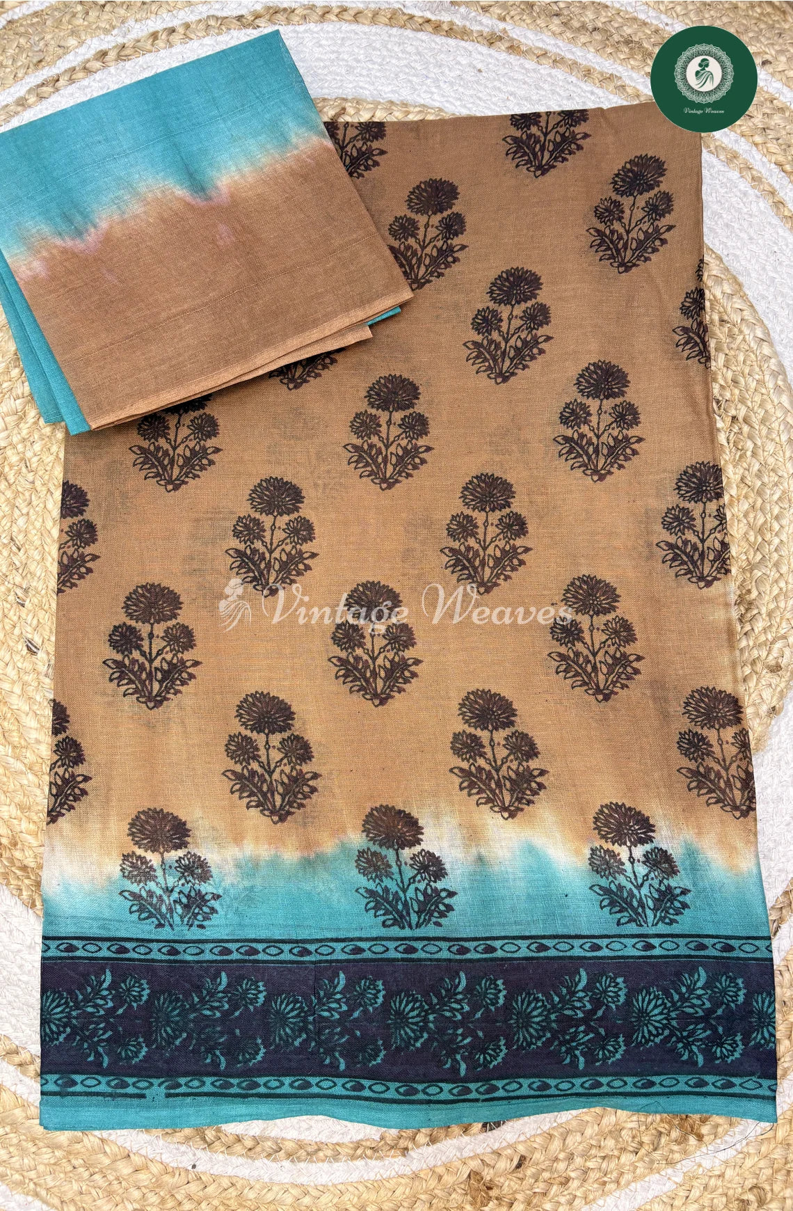Printed Flower Cotton Saree-Skin