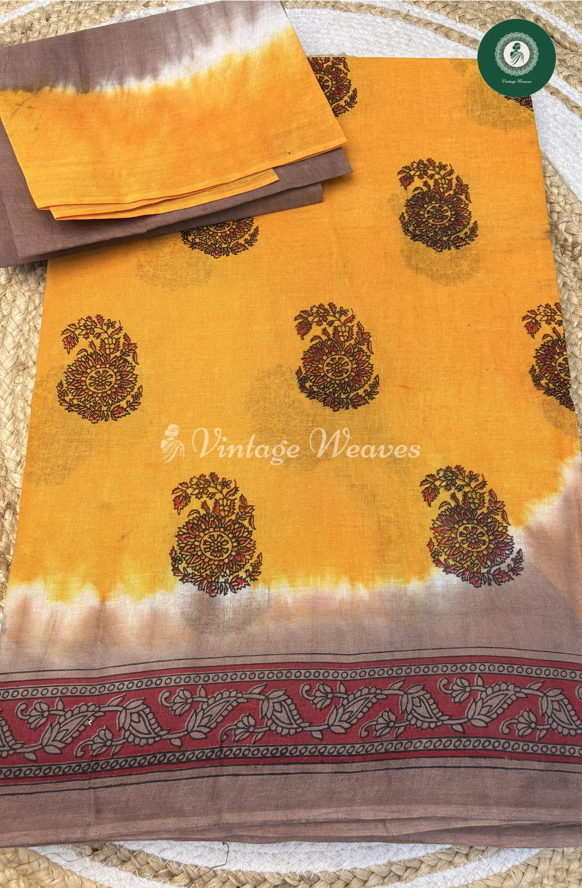 Printed Flower Cotton Saree-Yellow
