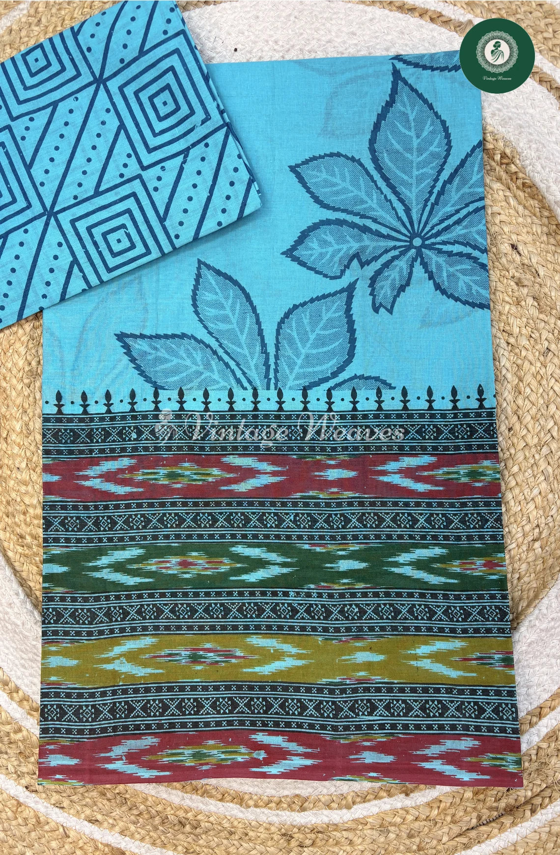 Pure Cotton Saree Ikkat Print-Blue