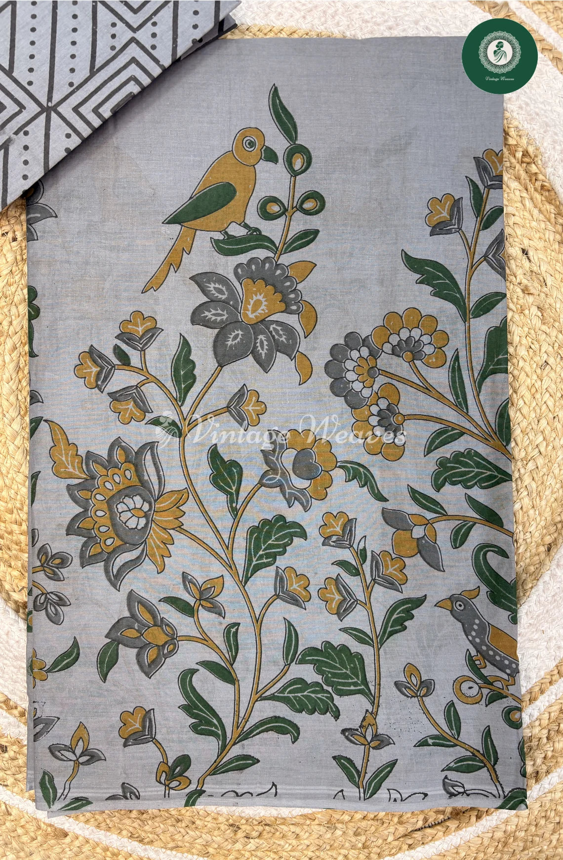 Pure Cotton Saree Kalamkari Print-Grey