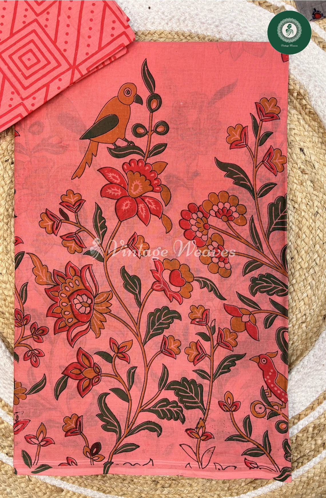 Pure Cotton Saree Kalamkari Print-Peach