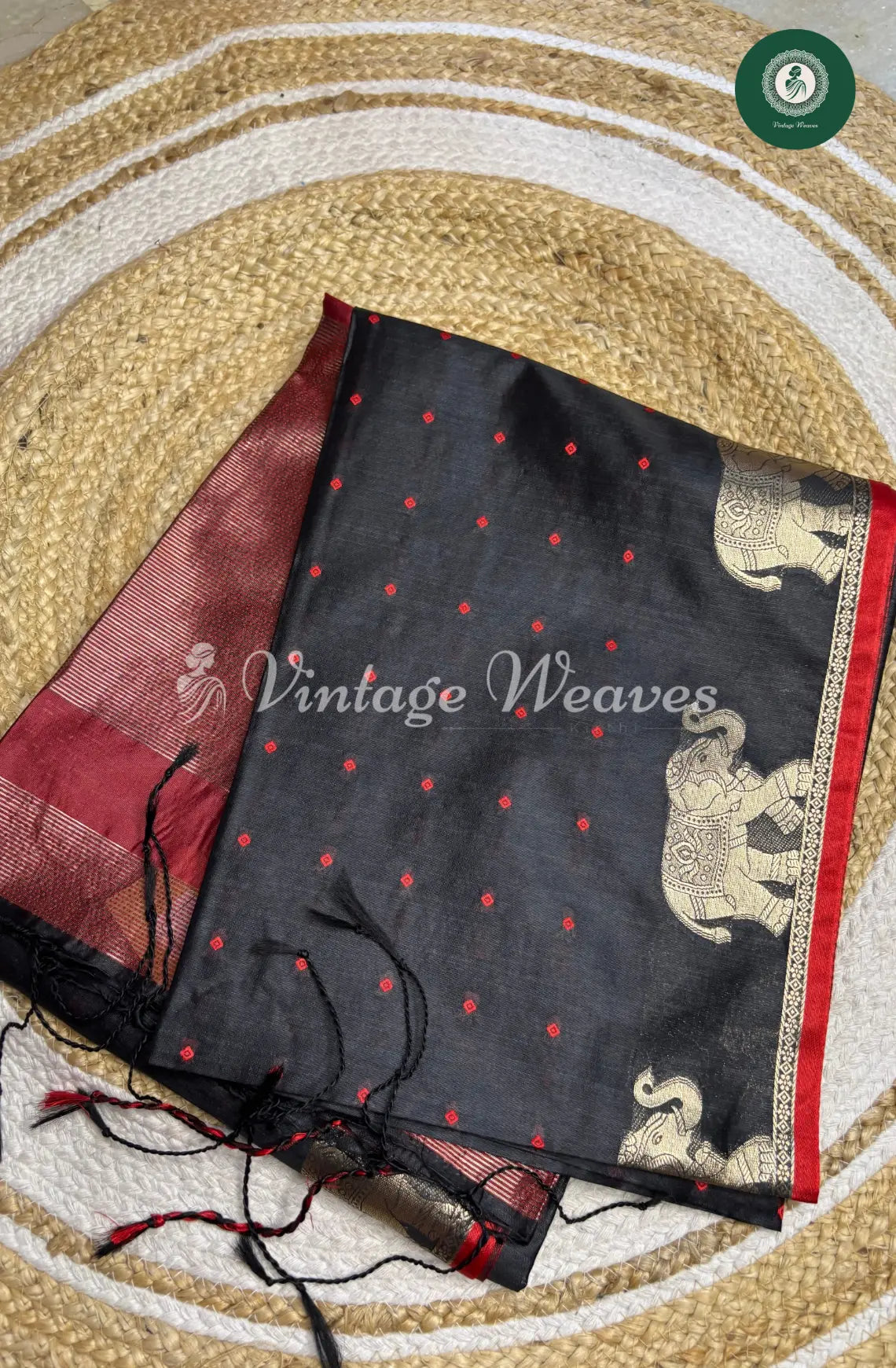 Raw Silk Saree With Elephant Motif - Black and Red