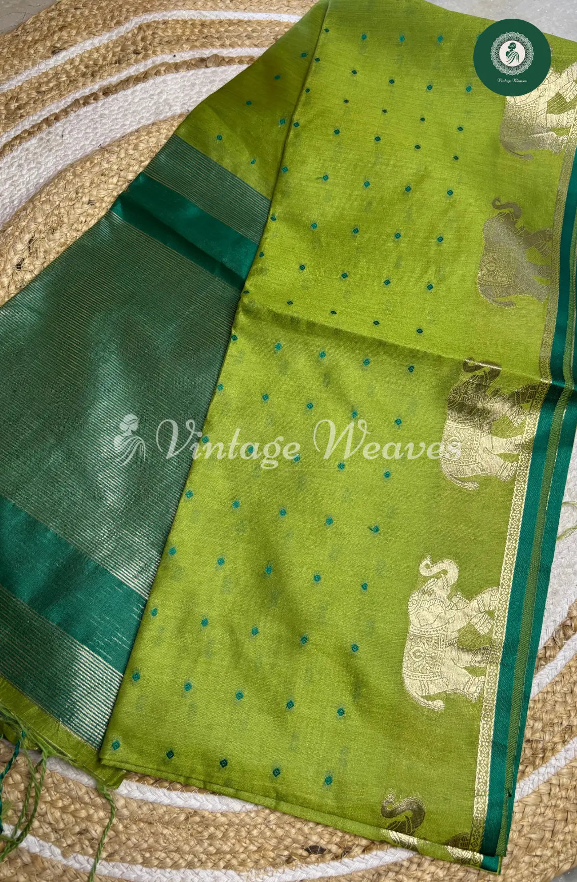 Raw Silk Saree With ElephantMotif-Parrotgreen with DarkGreen