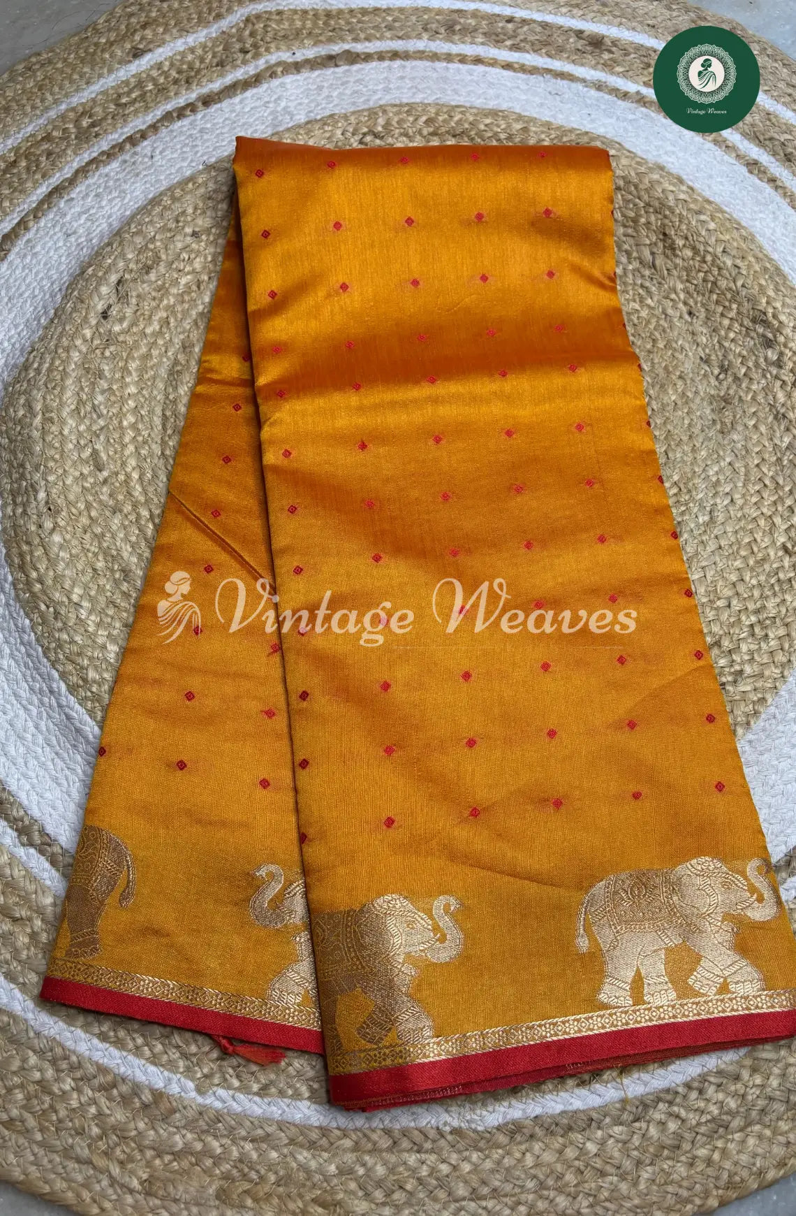Raw Silk Saree With Elephant Motif - Yellow with Red
