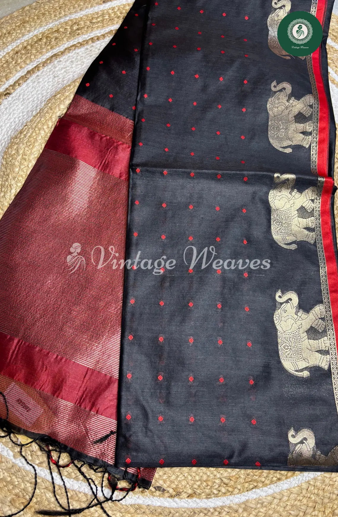 Raw Silk Saree With Elephant Motif - Black and Red