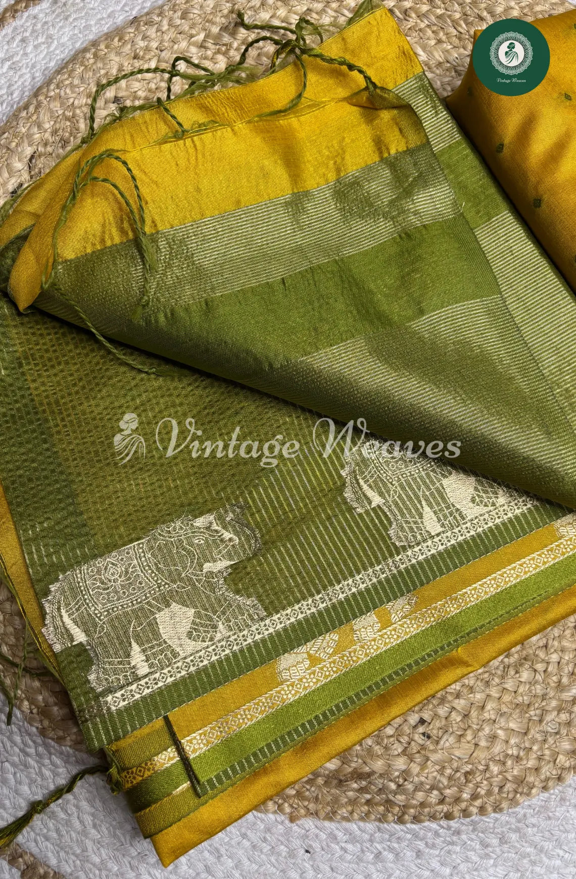 Raw Silk Saree With Elephant Motif - Yellow and Green