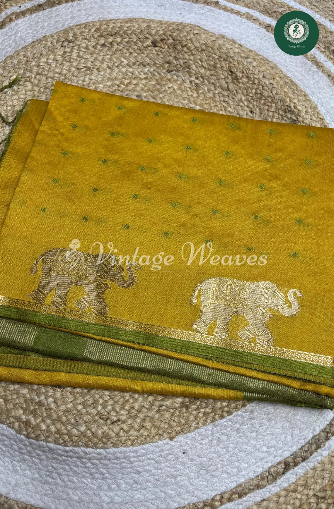 Raw Silk Saree With Elephant Motif - Yellow and Green