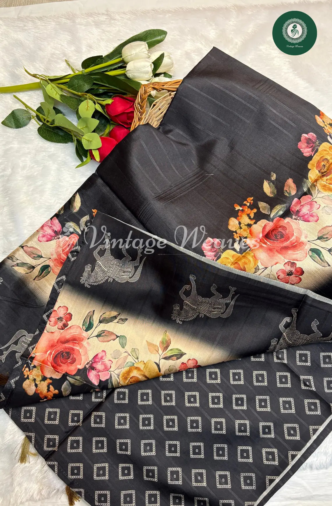 Royal Black Semi Tusser Saree with vibrant Floral and Horse
