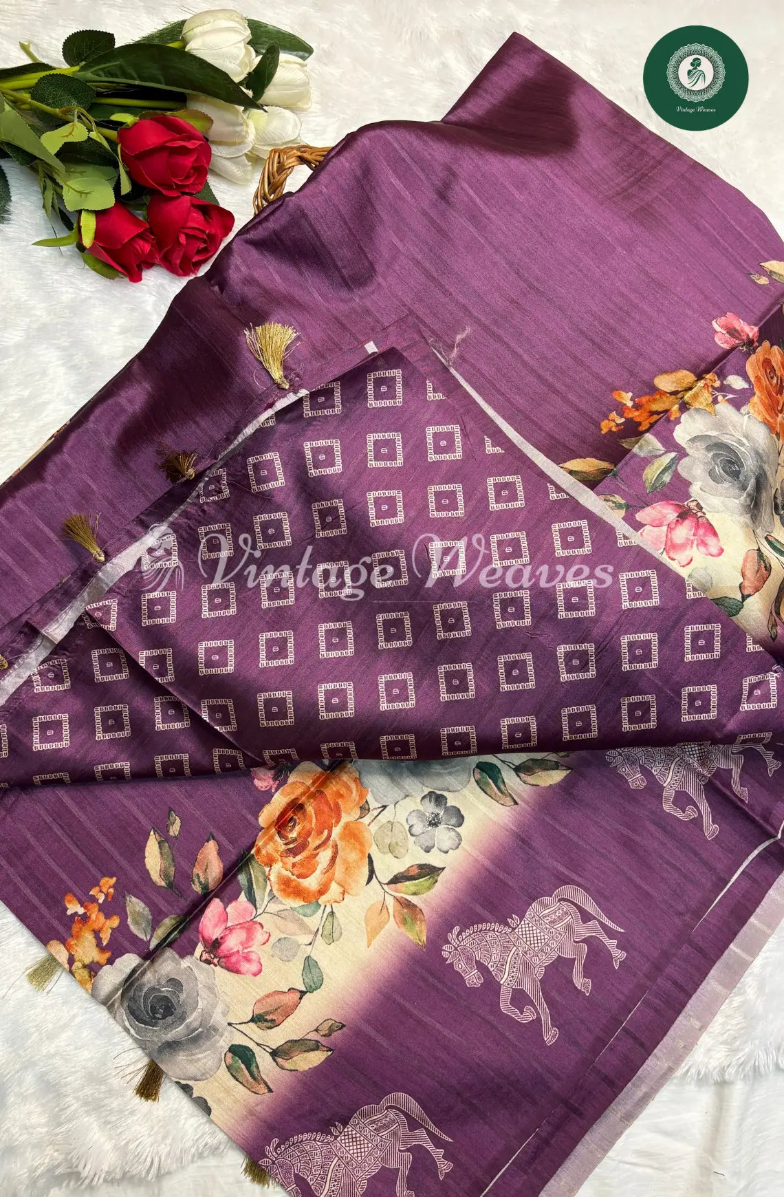 RoyalPurple SemiTusser Saree with Floral and Horse Motif