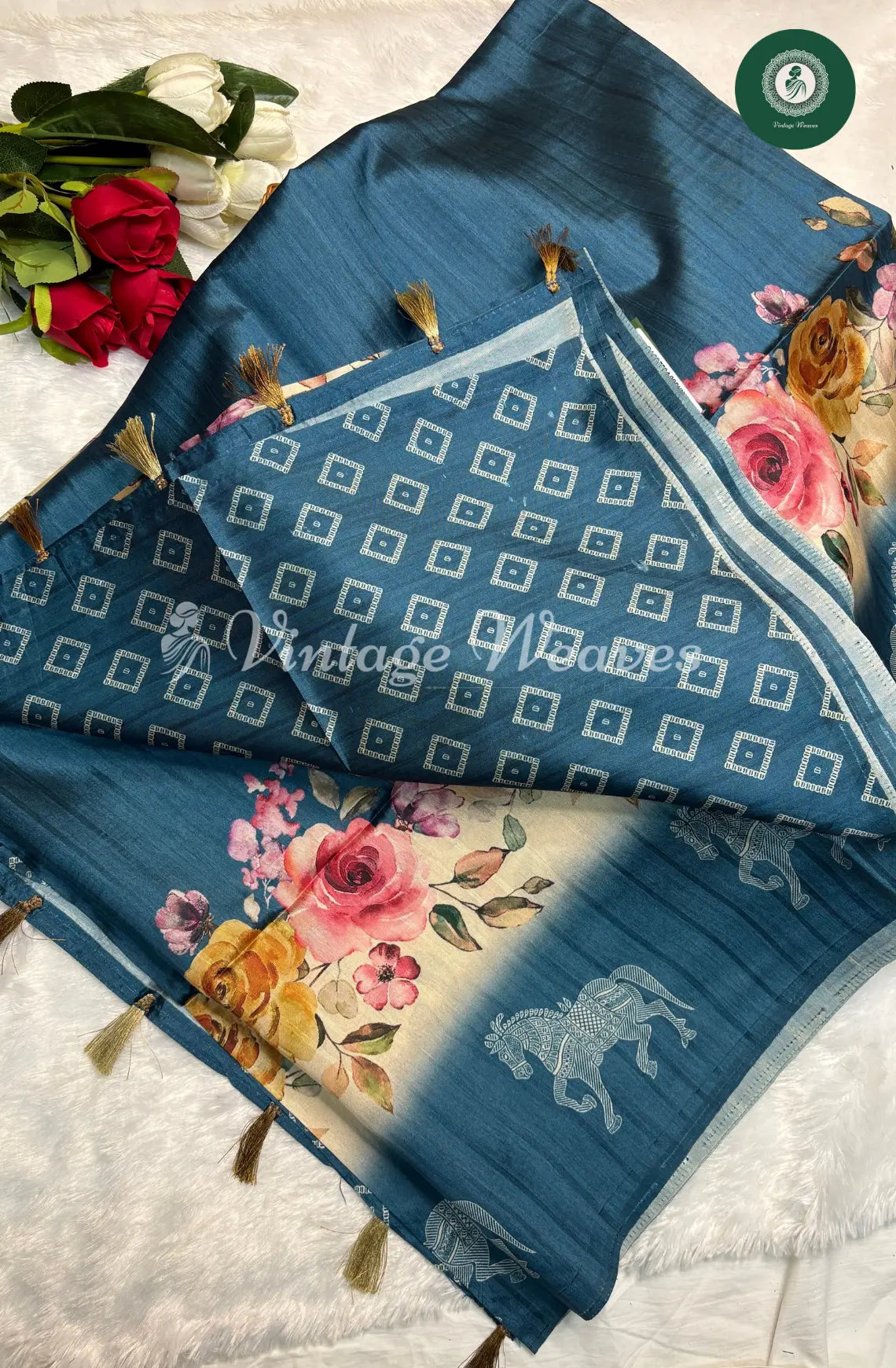Royal TealBlue SemiTusser Saree with Floral and Horse motif