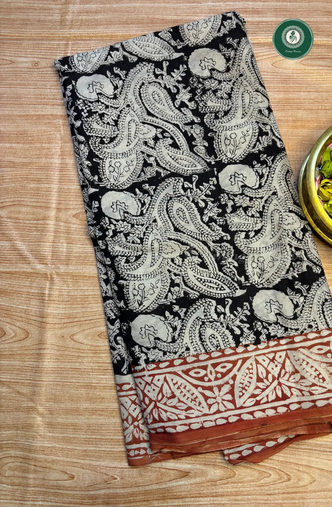 Screen Printed Pure Mul Cotton Saree-black kalamkari