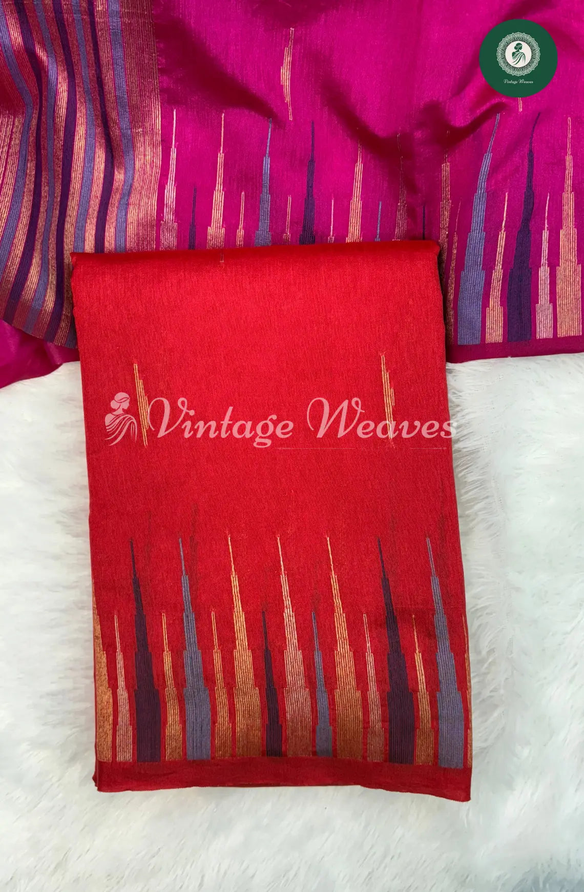 Semi Banarasi Temple Border Saree-Red