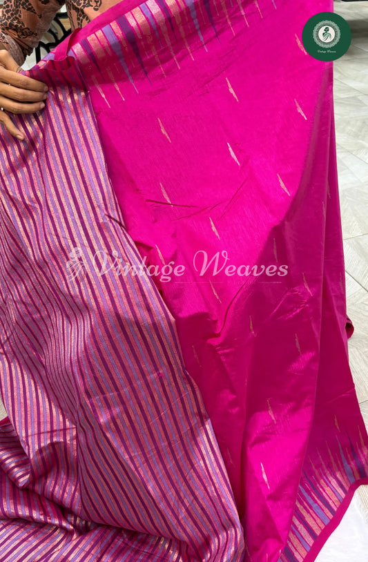 Semi Banarasi Temple Border Saree-Dark Pink