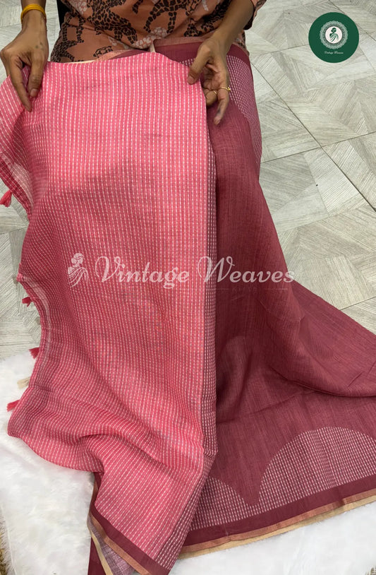 Semi Linen Saree With Semi Circle Border-peach