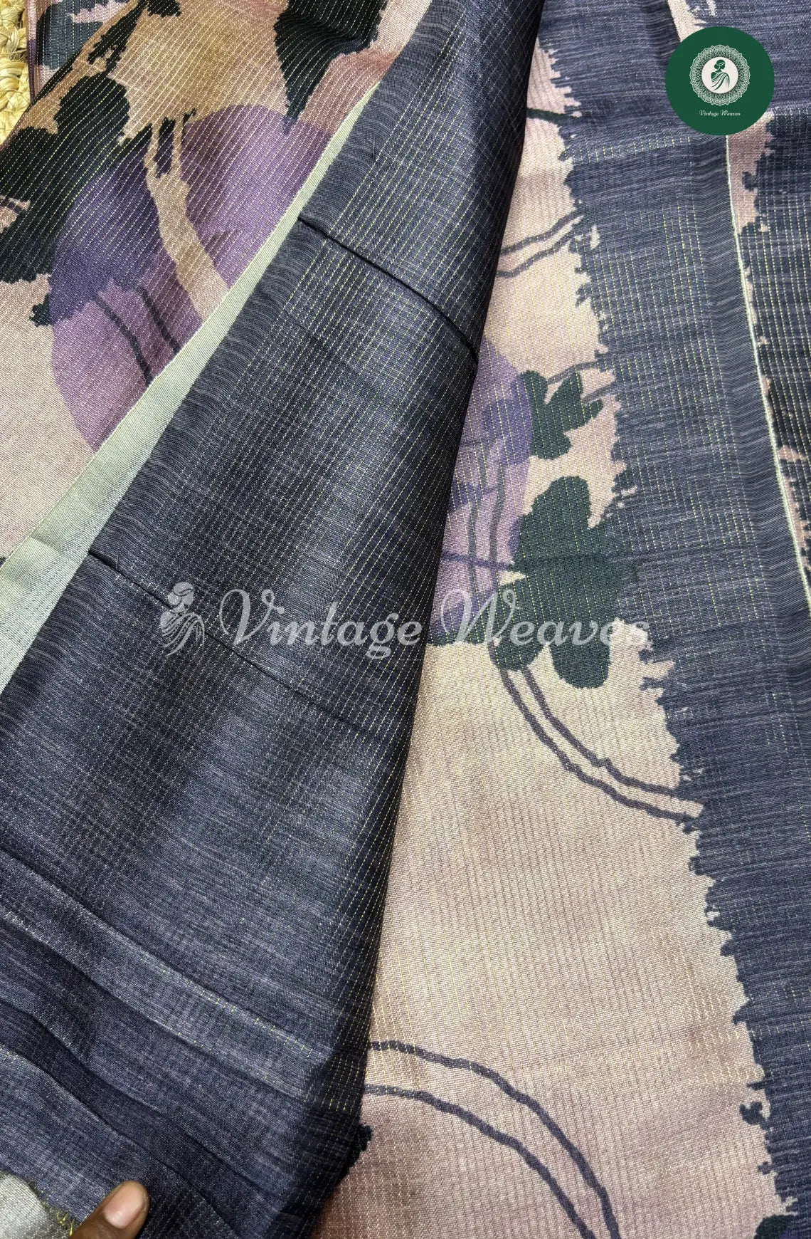 Semi Tusser Floral Printed Saree-Purple with Black