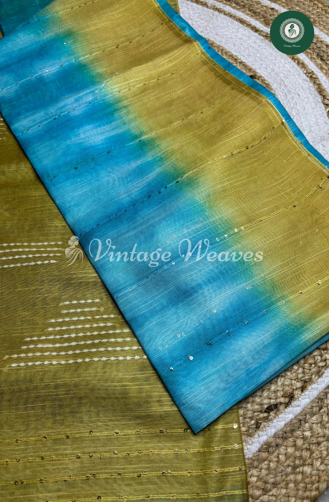 Semi Tusser Saree - Blue with Green border and Pallu