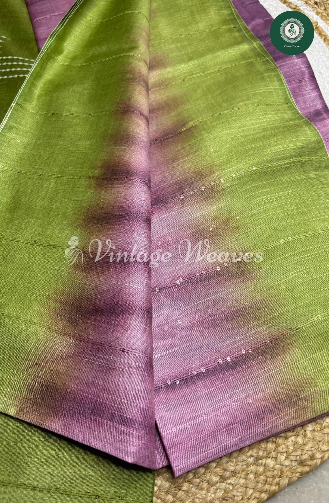 Semi Tusser Saree - Purple with Green border and Pallu