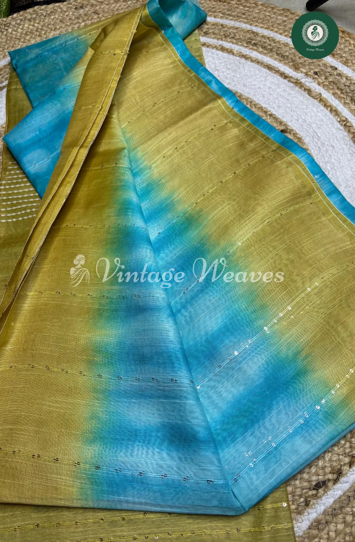 Semi Tusser Saree - Blue with Green border and Pallu