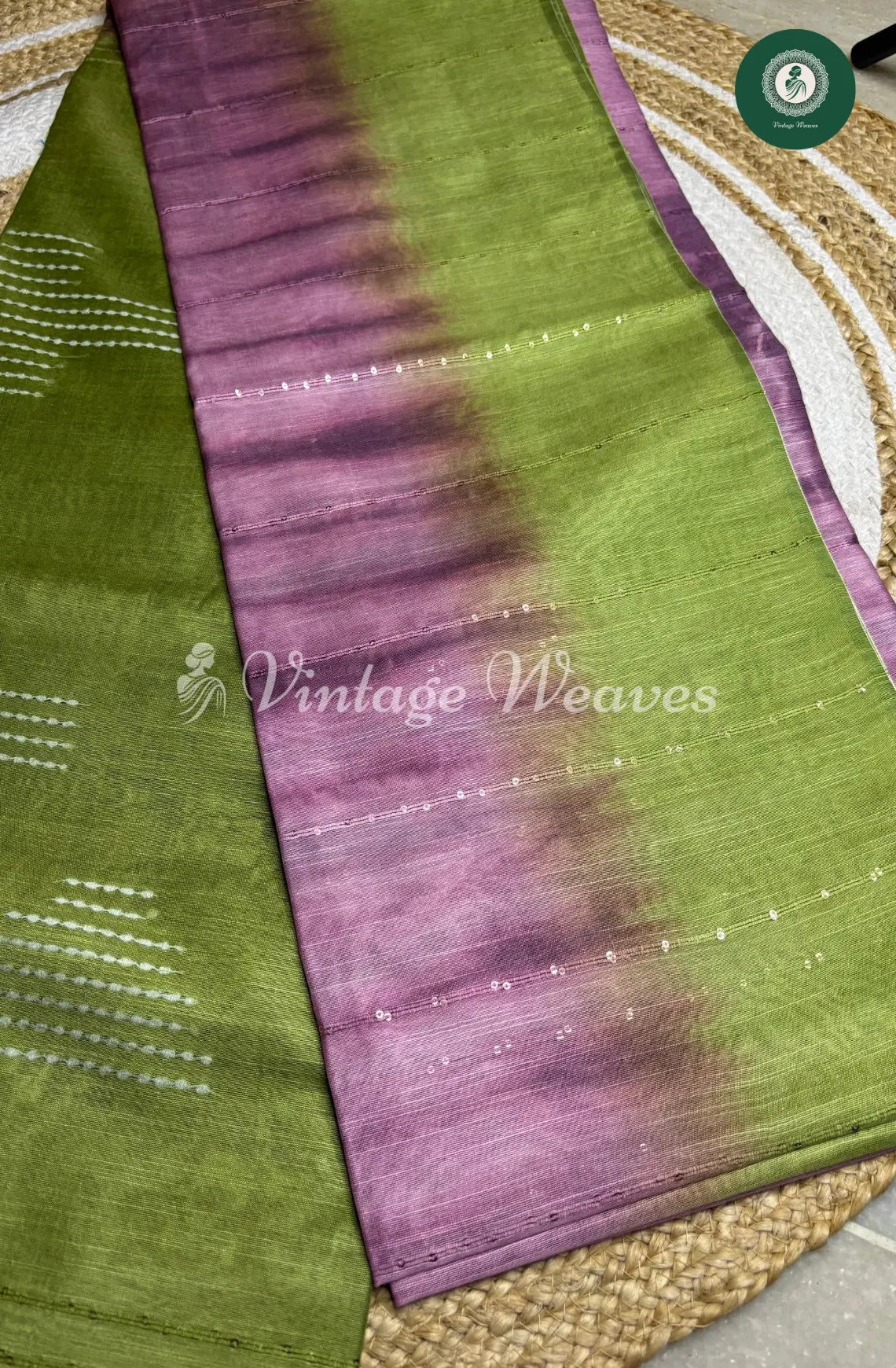 Semi Tusser Saree - Purple with Green border and Pallu