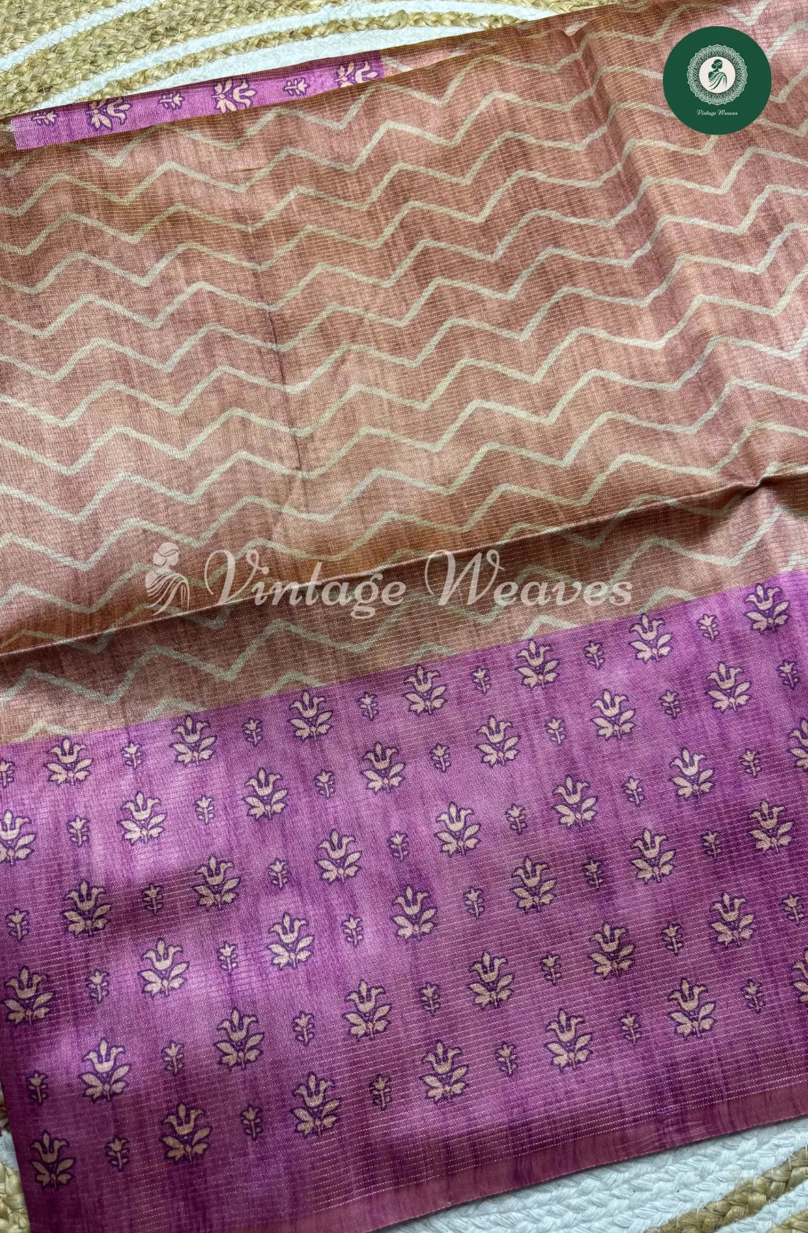 Semi Tusser ZigZag Floral Printed Saree-Brown with Pink