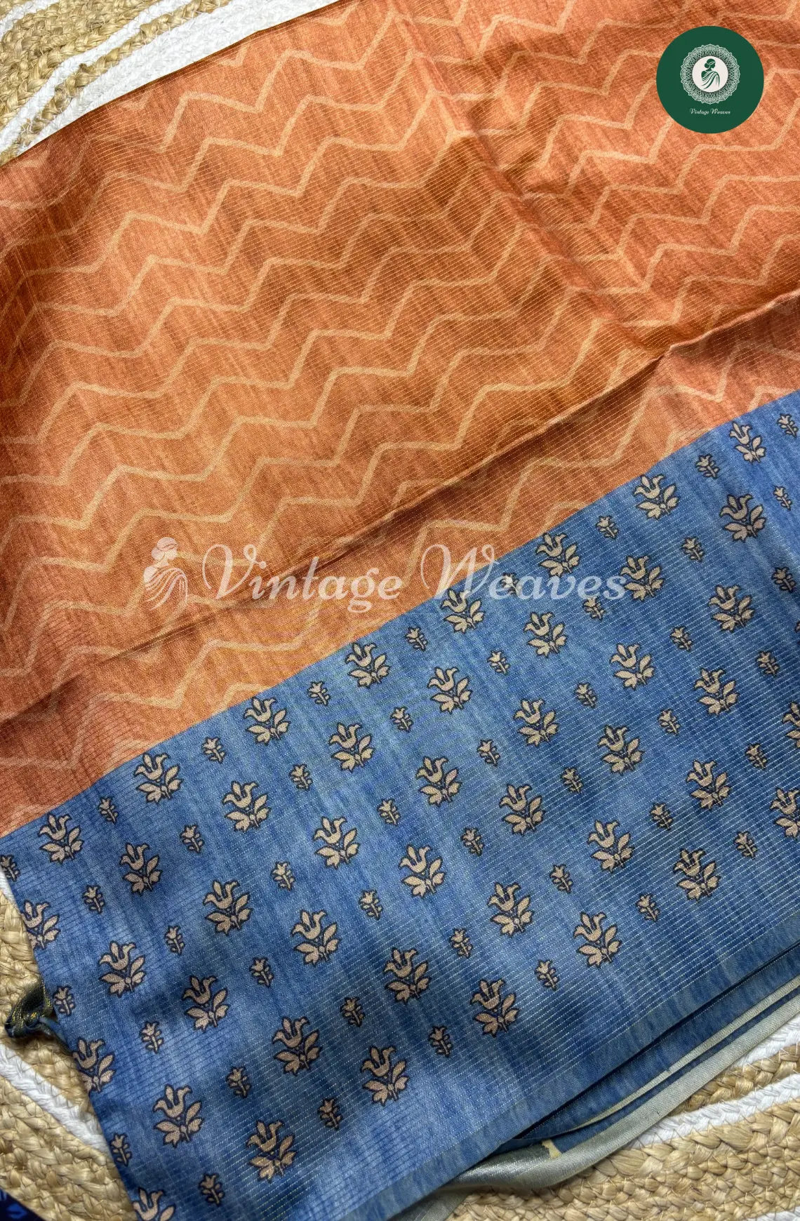 Semi Tusser ZigZag Floral Printed Saree-Brown with Tealblue