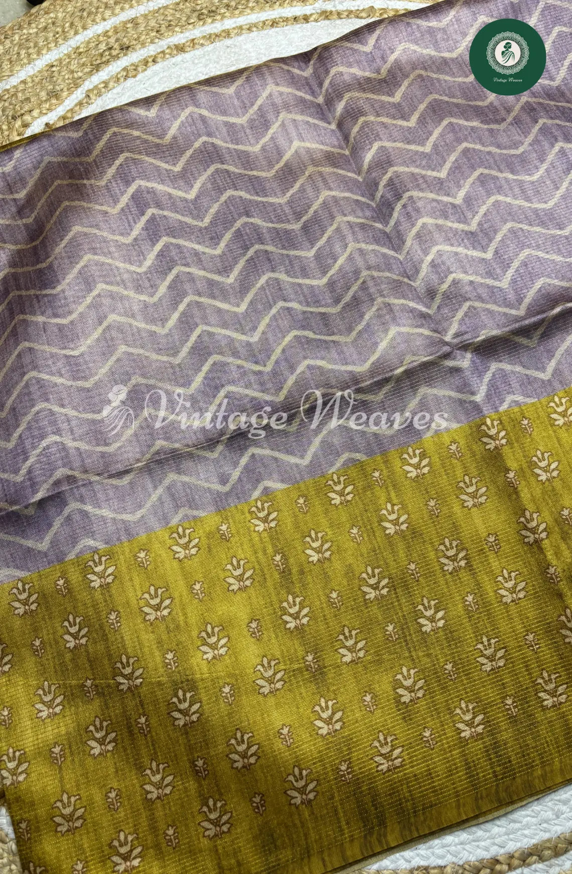 Semi Tusser ZigZag Floral Printed Saree-Cement with Green