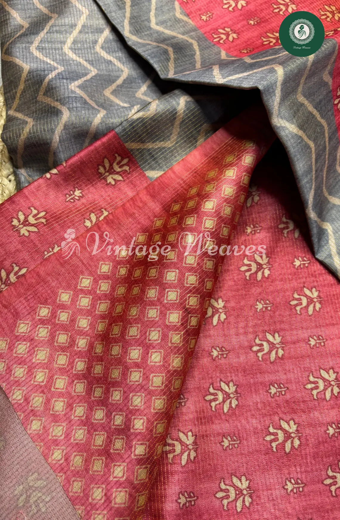 Semi Tusser ZigZag Floral Printed Saree-Cement with Pink