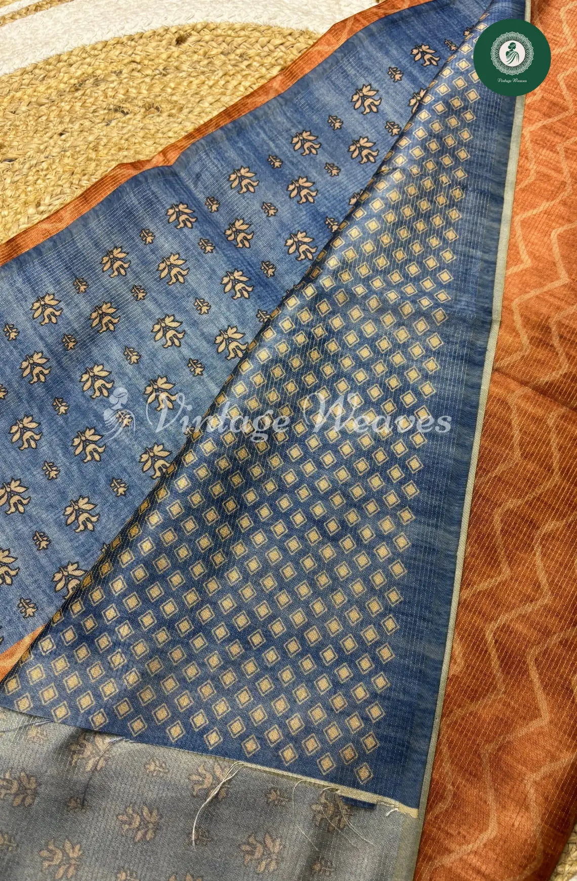 Semi Tusser ZigZag Floral Printed Saree-Brown with Tealblue