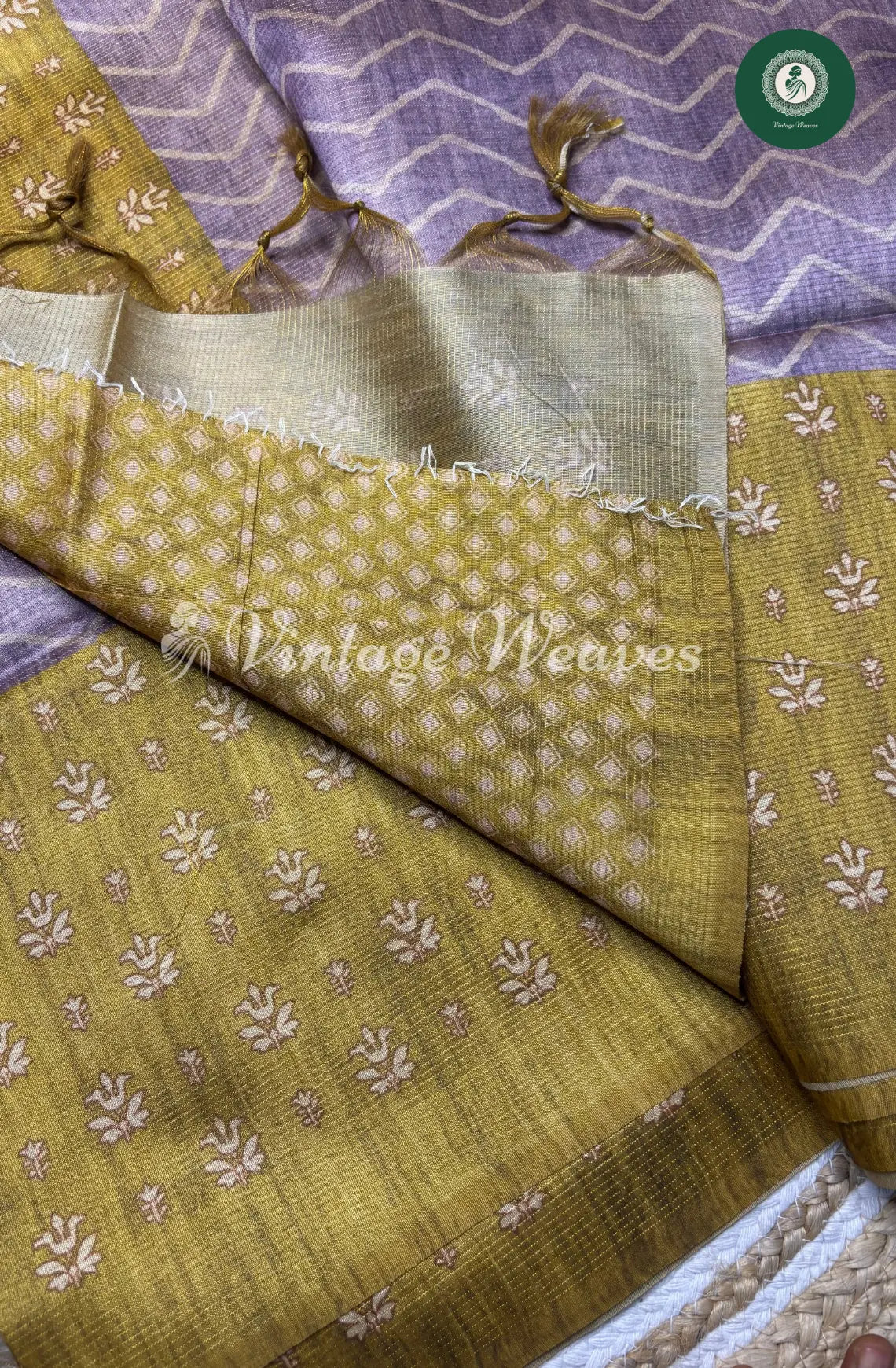 Semi Tusser ZigZag Floral Printed Saree-Cement with Green