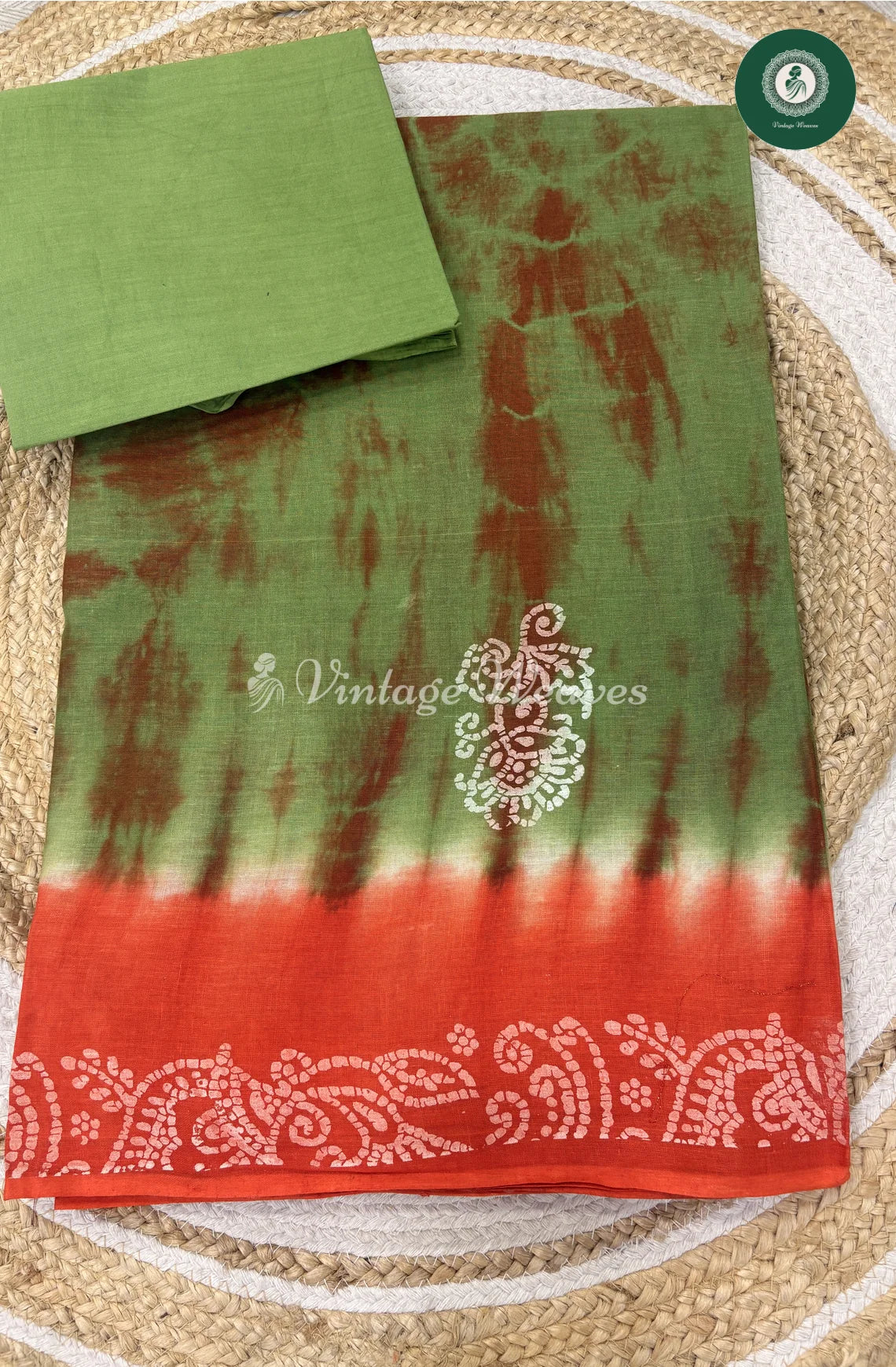 Shibori Printed Cotton Saree Flower-Green