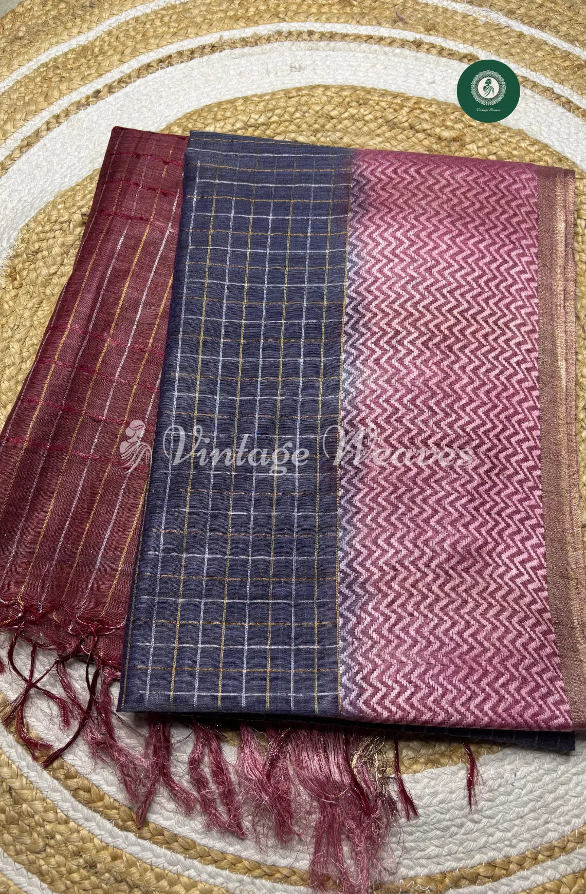 Soft And Shiny Tusser Silk Saree With Checked Body And Zigzag Border-Dark BlueWith Marron