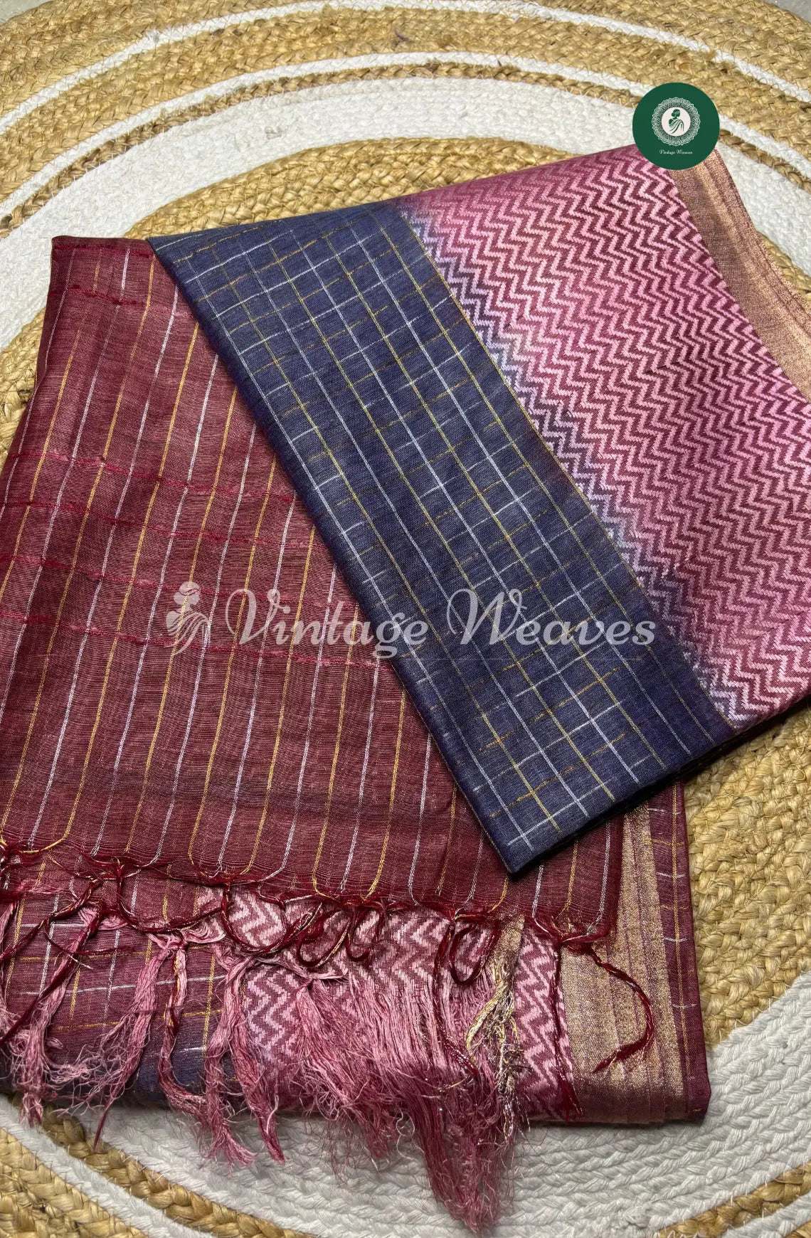 Soft And Shiny Tusser Silk Saree With Checked Body And Zigzag Border-Dark BlueWith Marron