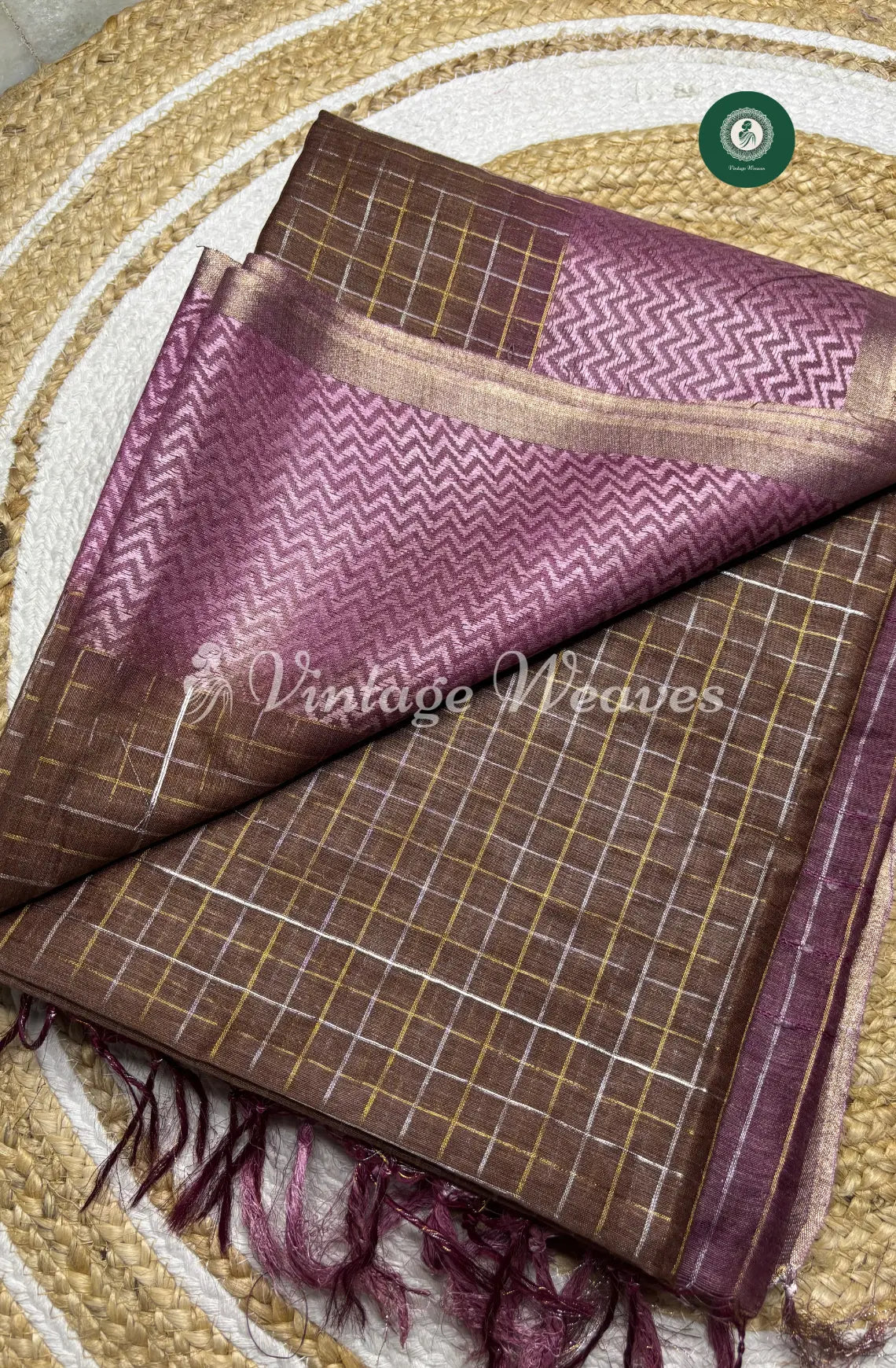 Soft And Shiny Tusser Silk Saree With Checked Body And Zigzag Border1-Marron With Pink