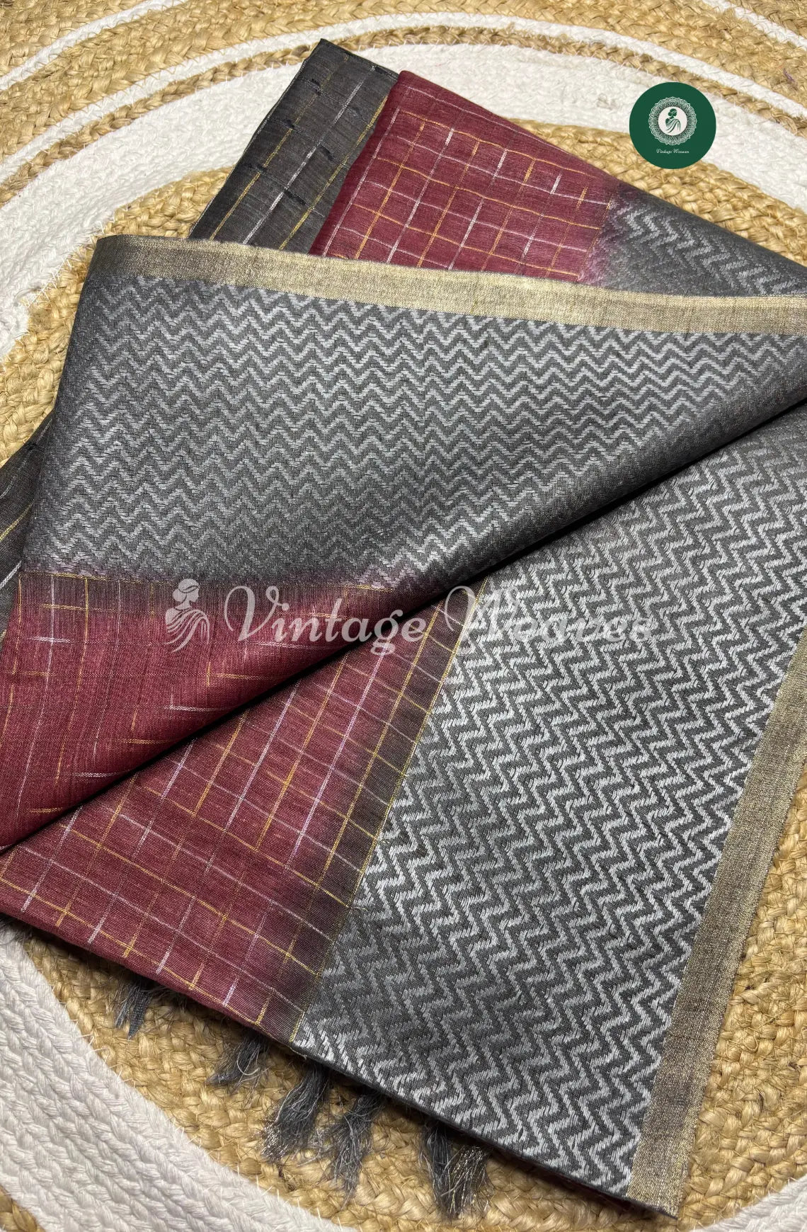 Soft And Shiny Tusser Silk Saree With Checked Body And Zigzag Border-Red With Grey