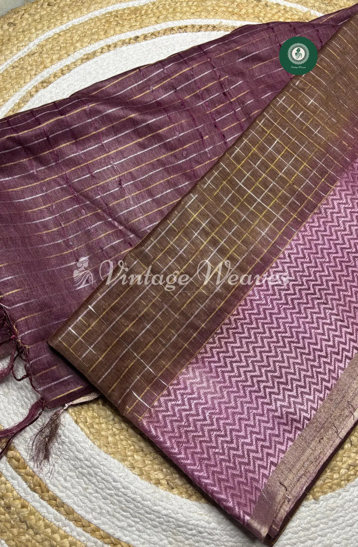 Soft And Shiny Tusser Silk Saree With Checked Body And Zigzag Border1-Marron With Pink