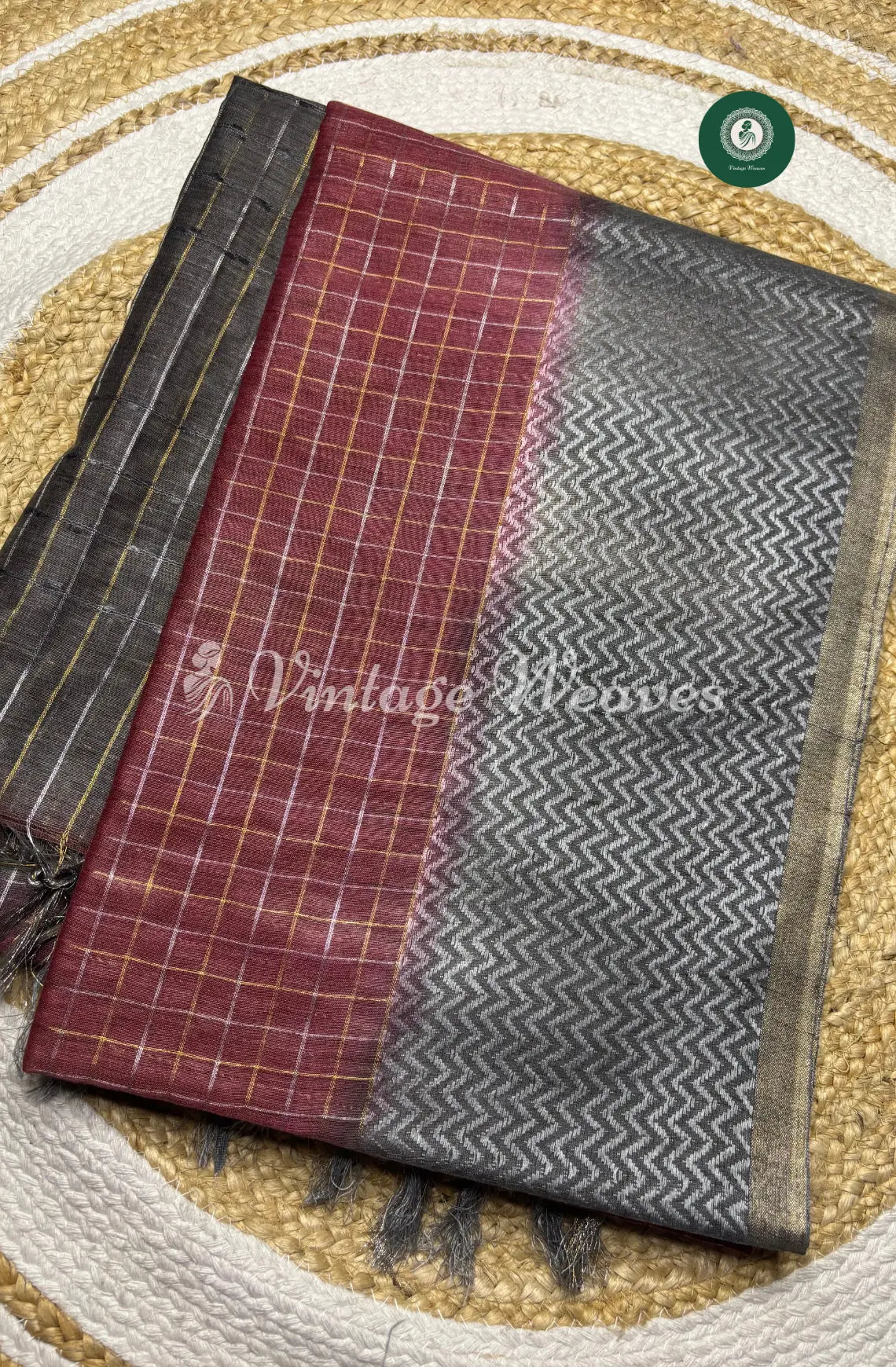 Soft And Shiny Tusser Silk Saree With Checked Body And Zigzag Border-Red With Grey