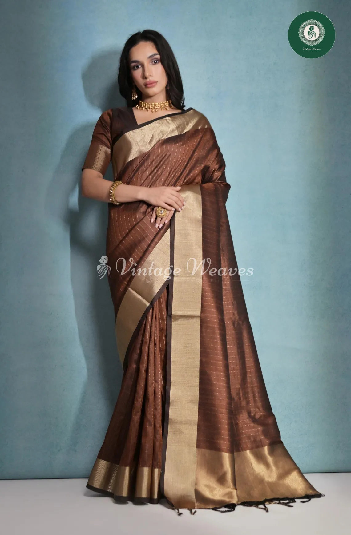 Soft Banarasi Raw Silk Saree With Zari Weaving Line Pattern-Brown