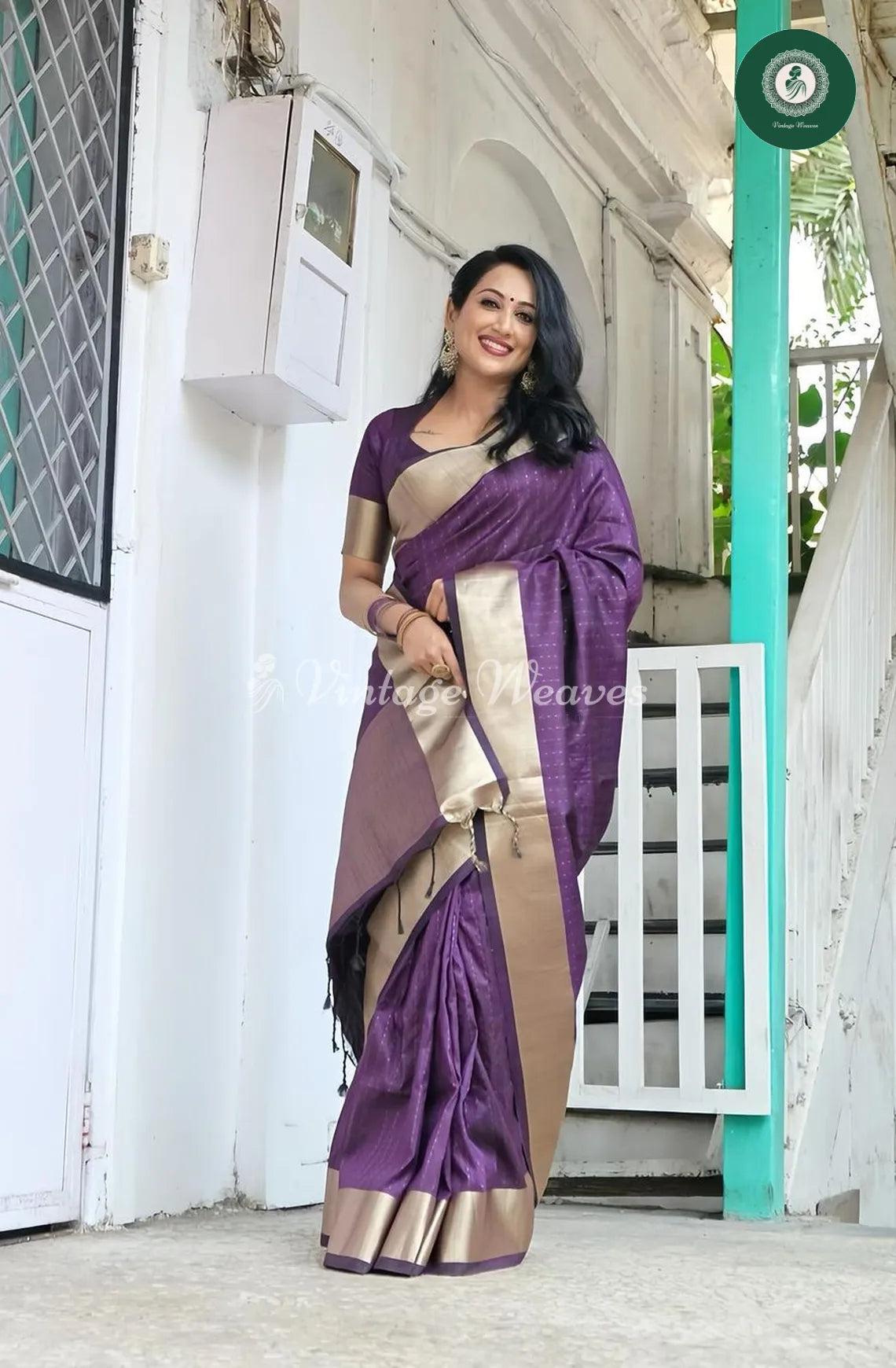 Soft Banarasi Raw Silk Saree With Zari Weaving Line Pattern-Royal Purple