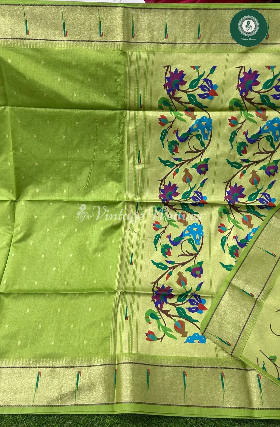 Soft Khadi Raw Silk Saree with Meena Weaving Paithani Pallu -Green