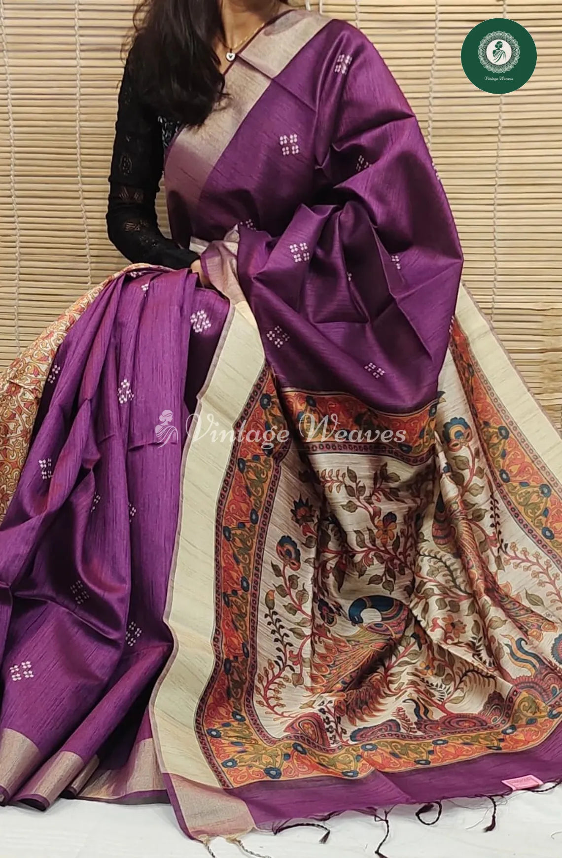 Soft Khadi Raw Silk Saree With Madhubani Printed Pallu-Purple