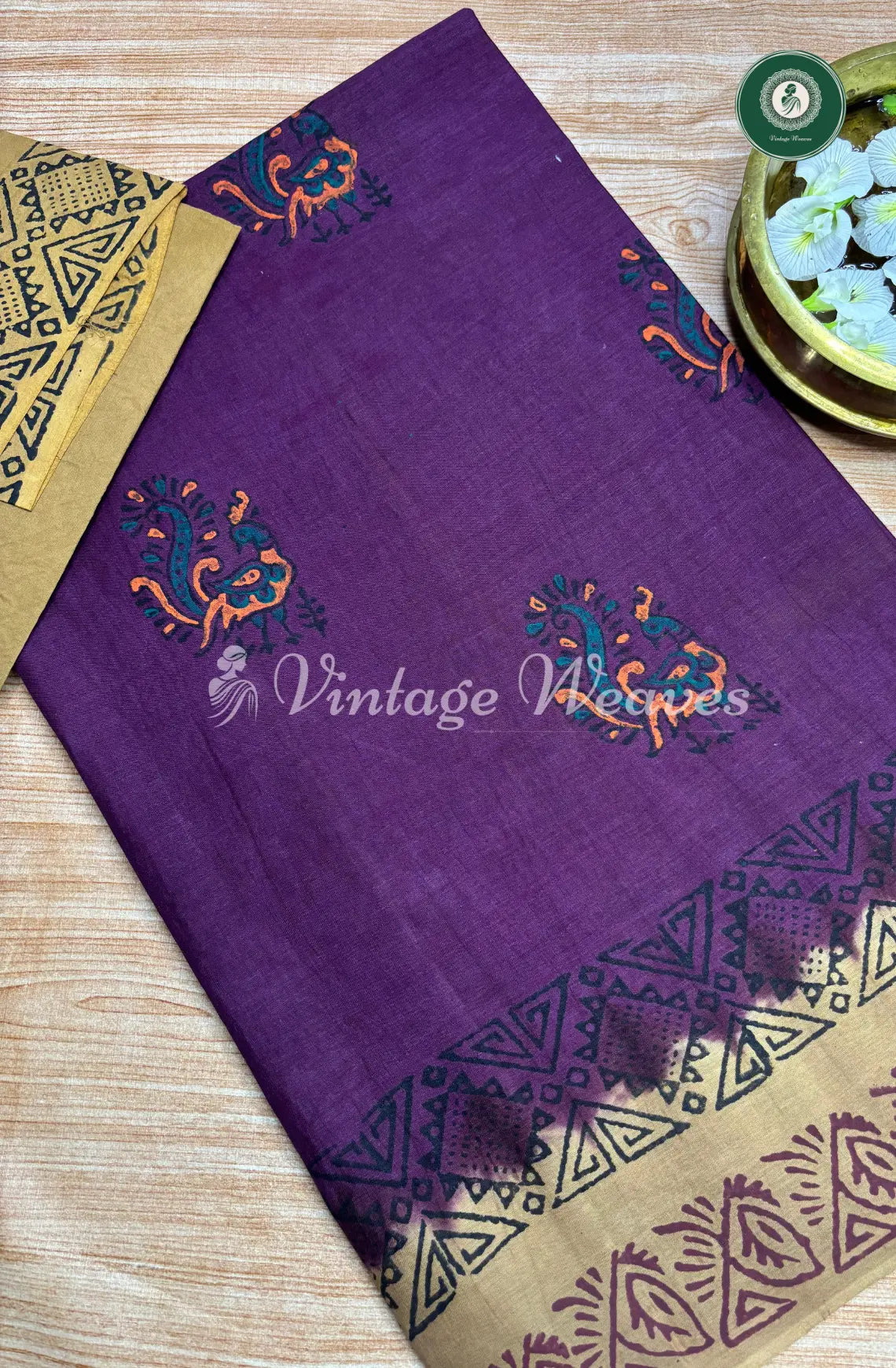 Traditional peacock printed Cotton Saree-burgendy with brown