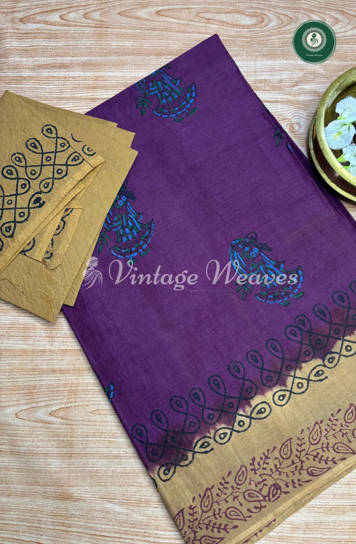 Traditional printed Cotton Saree-burgendy with brown