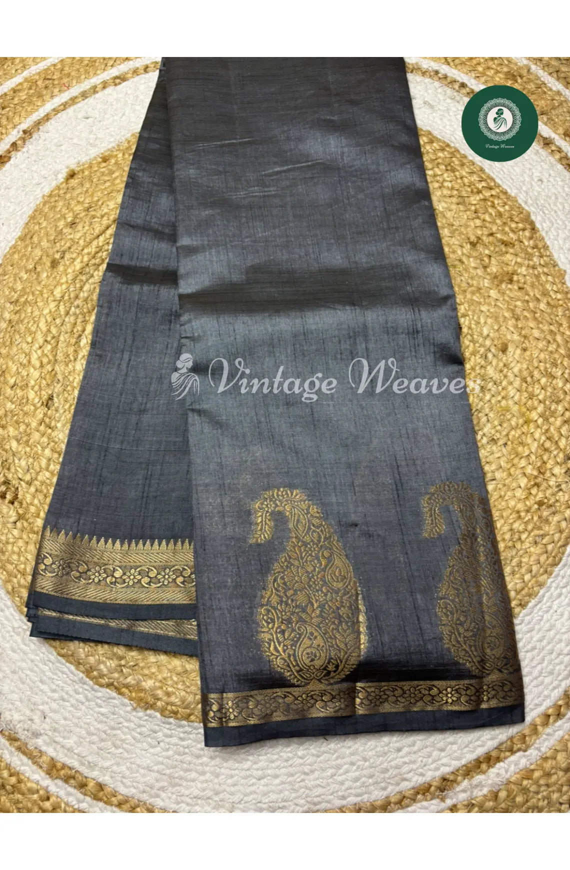 Tusser Silk Saree With Mango Border-Grey
